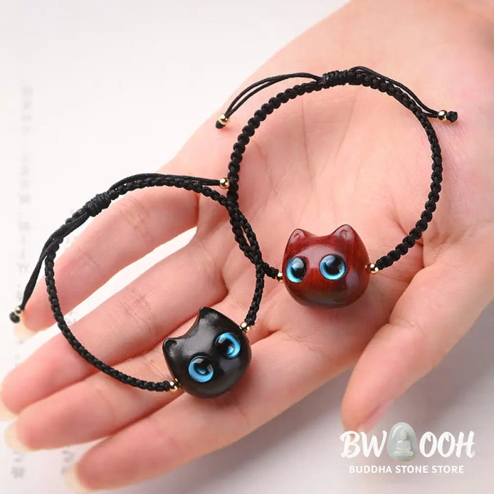 Buddha Stones Small Leaf Red Sandalwood Ebony Wood Cute Cat Head Calm Protection Braided Bracelet - BWOOOH - Bracelet