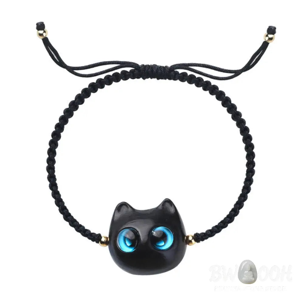 Buddha Stones Small Leaf Red Sandalwood Ebony Wood Cute Cat Head Calm Protection Braided Bracelet - BWOOOH - Bracelet