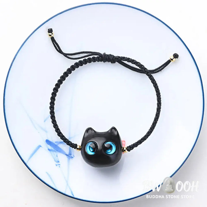 Buddha Stones Small Leaf Red Sandalwood Ebony Wood Cute Cat Head Calm Protection Braided Bracelet - BWOOOH - Bracelet