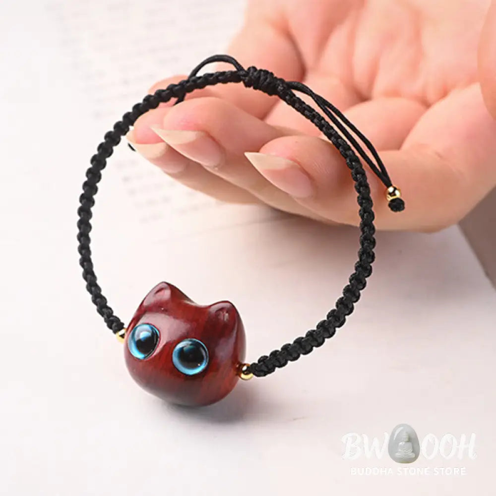 Buddha Stones Small Leaf Red Sandalwood Ebony Wood Cute Cat Head Calm Protection Braided Bracelet - BWOOOH - Bracelet