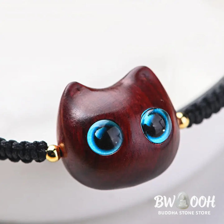 Buddha Stones Small Leaf Red Sandalwood Ebony Wood Cute Cat Head Calm Protection Braided Bracelet - BWOOOH - Bracelet