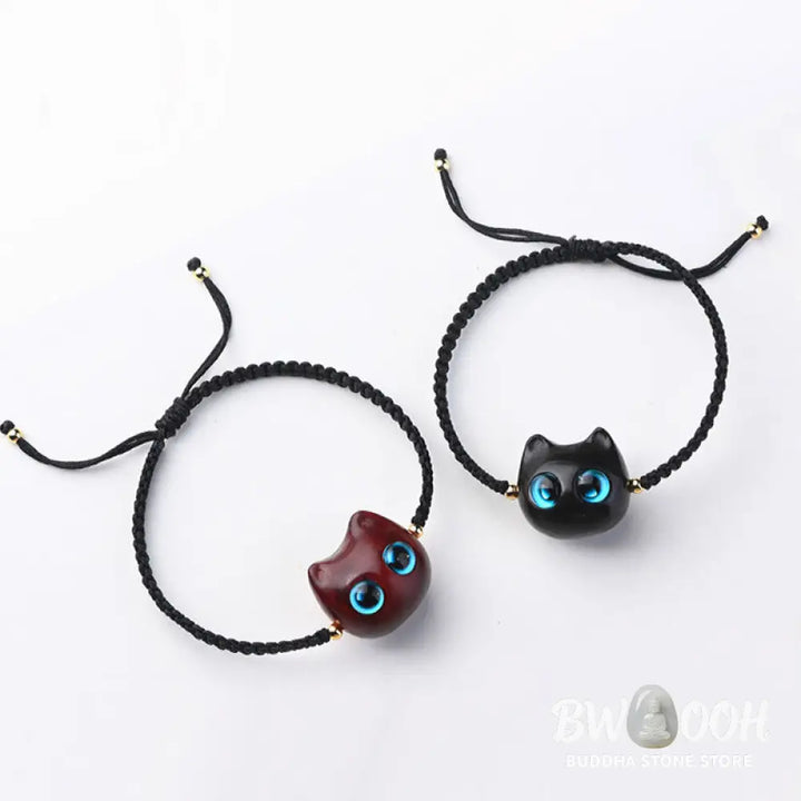 Buddha Stones Small Leaf Red Sandalwood Ebony Wood Cute Cat Head Calm Protection Braided Bracelet - BWOOOH - Bracelet