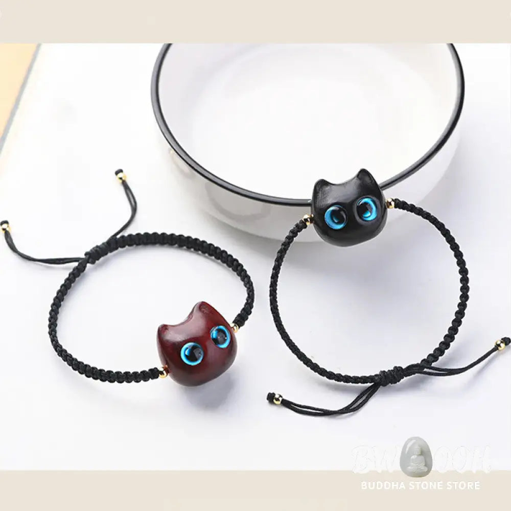 Buddha Stones Small Leaf Red Sandalwood Ebony Wood Cute Cat Head Calm Protection Braided Bracelet - BWOOOH - Bracelet