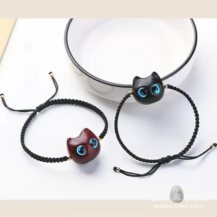 Buddha Stones Small Leaf Red Sandalwood Ebony Wood Cute Cat Head Calm Protection Braided Bracelet - BWOOOH - Bracelet