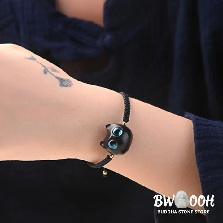 Buddha Stones Small Leaf Red Sandalwood Ebony Wood Cute Cat Head Calm Protection Braided Bracelet - BWOOOH - Bracelet