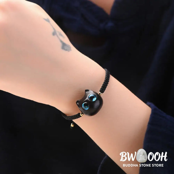 Buddha Stones Small Leaf Red Sandalwood Ebony Wood Cute Cat Head Calm Protection Braided Bracelet - BWOOOH - Bracelet