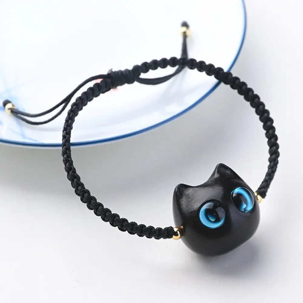 Buddha Stones Small Leaf Red Sandalwood Ebony Wood Cute Cat Head Calm Protection Braided Bracelet - BWOOOH - Ebony