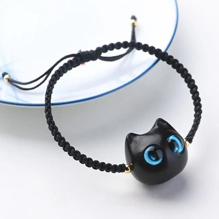 Buddha Stones Small Leaf Red Sandalwood Ebony Wood Cute Cat Head Calm Protection Braided Bracelet - BWOOOH - Ebony