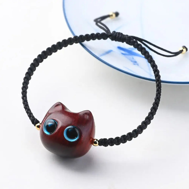 BWOOOH Small Leaf Red Sandalwood Ebony Wood Cute Cat Head Calm Protection Braided Bracelet - BWOOOH - Small Leaf