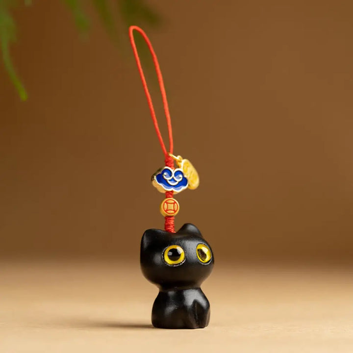 Buddha Stones Small Leaf Red Sandalwood Ebony Wood Lucky Cat Protection Key Chain Phone Hanging Decoration - Ebony Cat
