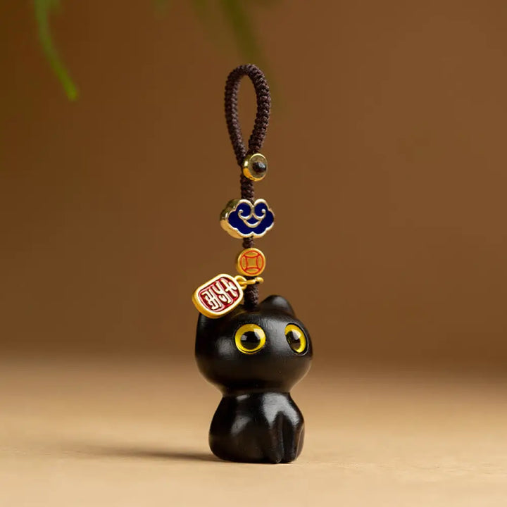 Buddha Stones Small Leaf Red Sandalwood Ebony Wood Lucky Cat Protection Key Chain Phone Hanging Decoration - Ebony Cat