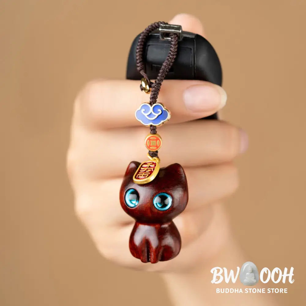 Buddha Stones Small Leaf Red Sandalwood Ebony Wood Lucky Cat Protection Key Chain Phone Hanging Decoration - Key Chain
