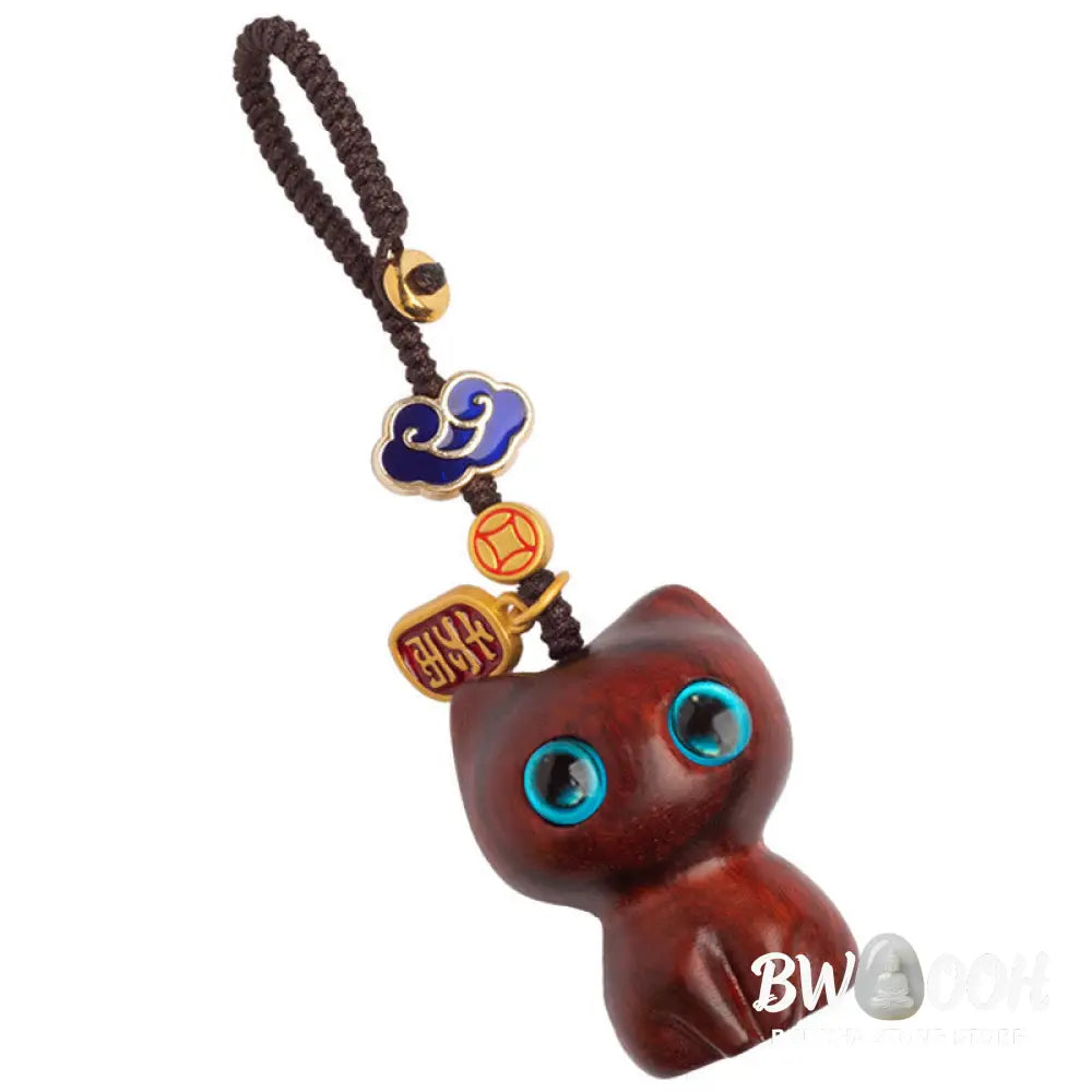 Buddha Stones Small Leaf Red Sandalwood Ebony Wood Lucky Cat Protection Key Chain Phone Hanging Decoration - Key Chain