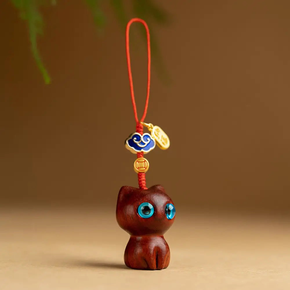 Buddha Stones Small Leaf Red Sandalwood Ebony Wood Lucky Cat Protection Key Chain Phone Hanging Decoration - Small Leaf