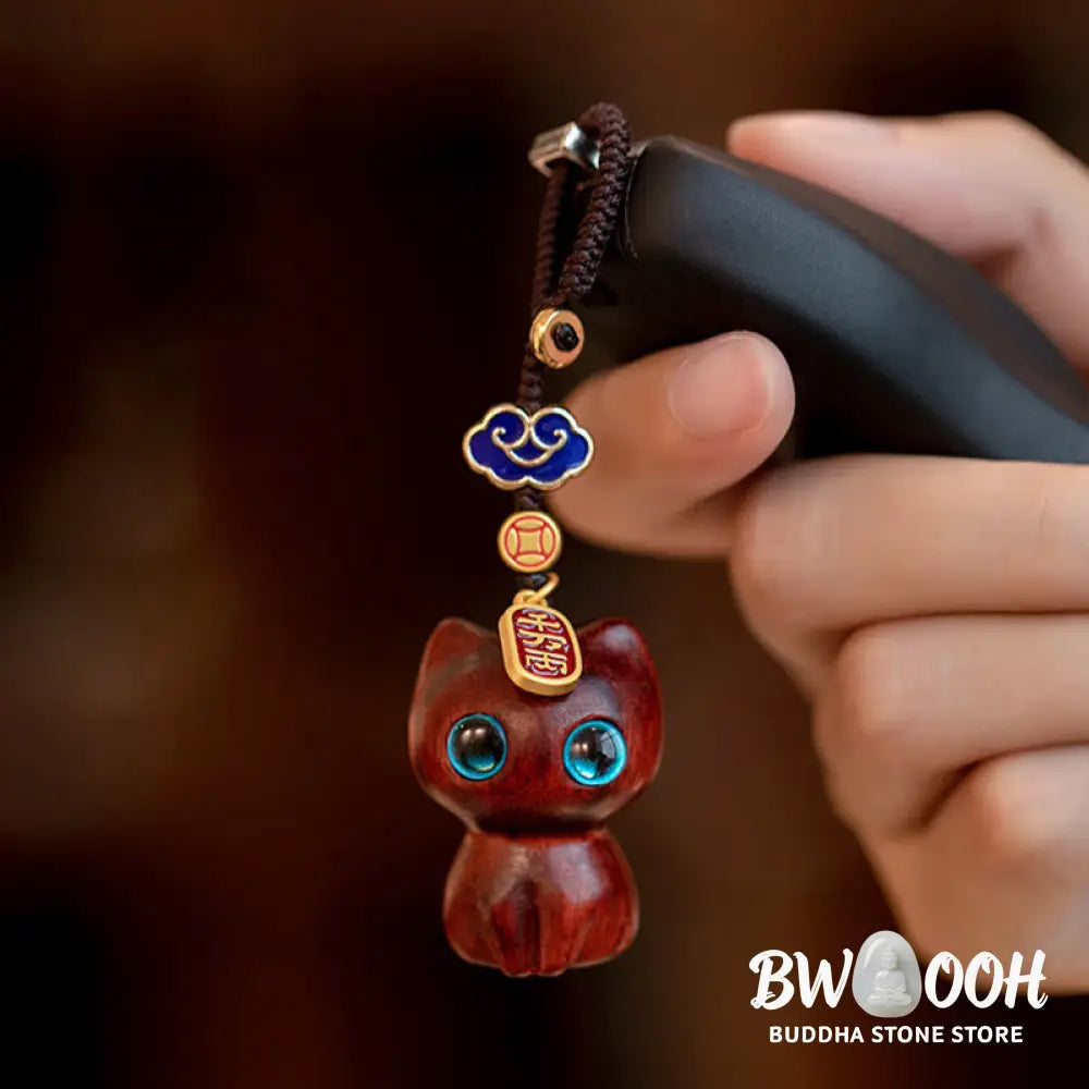 Buddha Stones Small Leaf Red Sandalwood Ebony Wood Lucky Cat Protection Key Chain Phone Hanging Decoration - Key Chain
