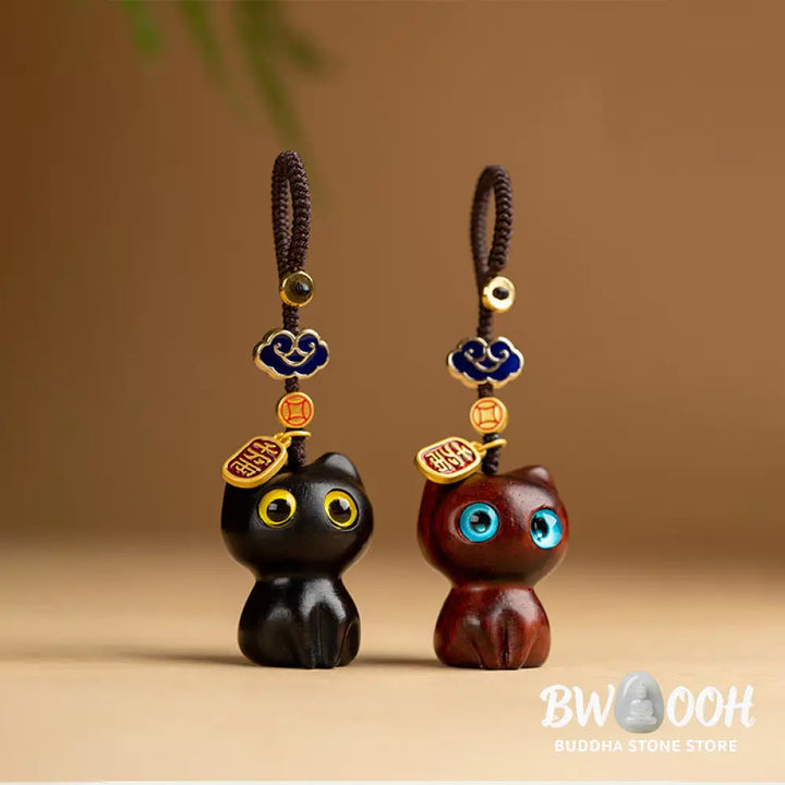 Buddha Stones Small Leaf Red Sandalwood Ebony Wood Lucky Cat Protection Key Chain Phone Hanging Decoration - Key Chain