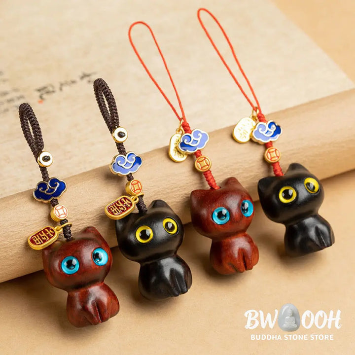 Buddha Stones Small Leaf Red Sandalwood Ebony Wood Lucky Cat Protection Key Chain Phone Hanging Decoration - Key Chain