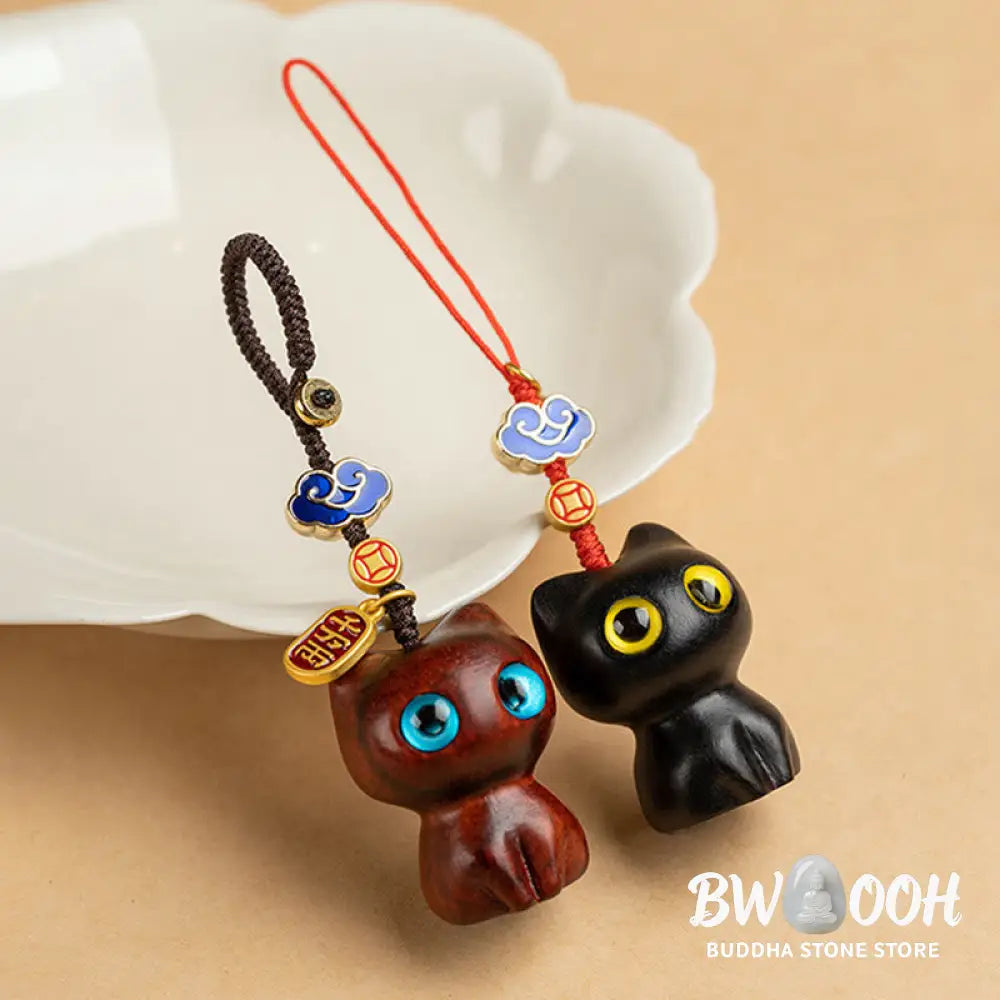 Buddha Stones Small Leaf Red Sandalwood Ebony Wood Lucky Cat Protection Key Chain Phone Hanging Decoration - Key Chain