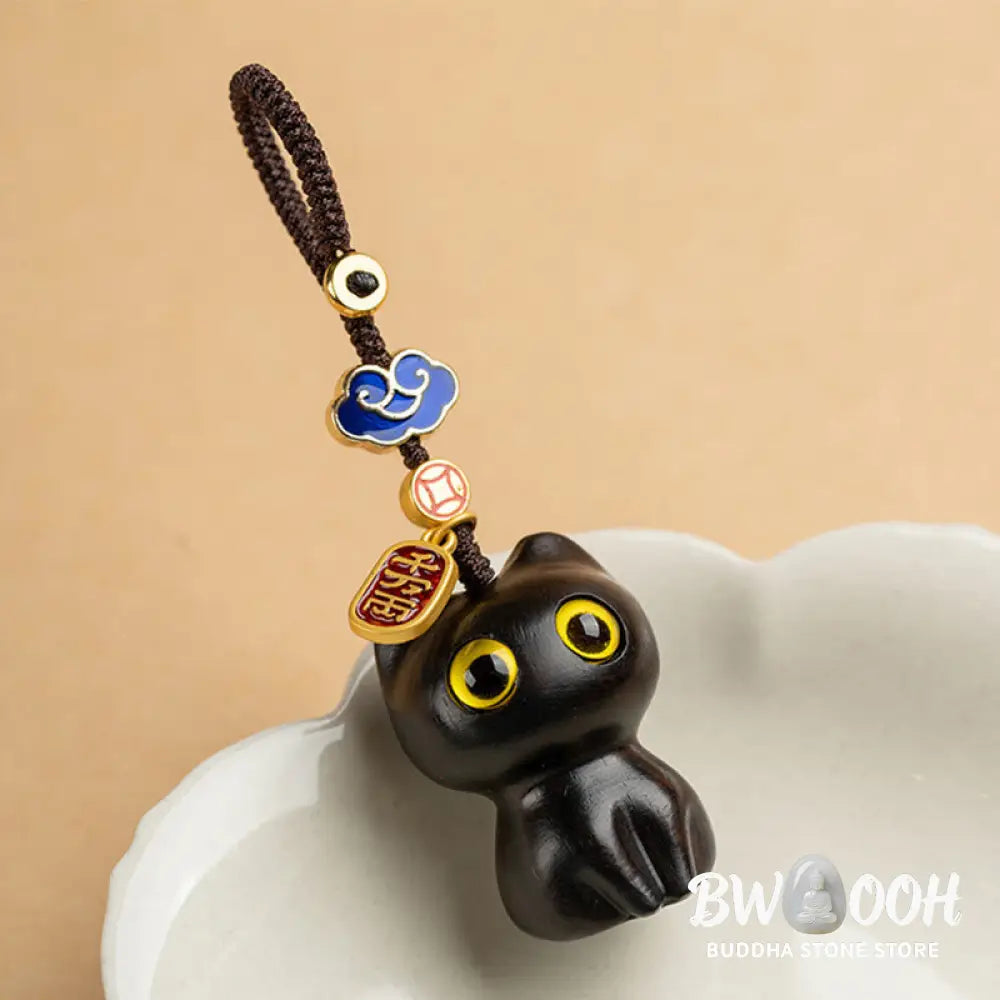 Buddha Stones Small Leaf Red Sandalwood Ebony Wood Lucky Cat Protection Key Chain Phone Hanging Decoration - Key Chain