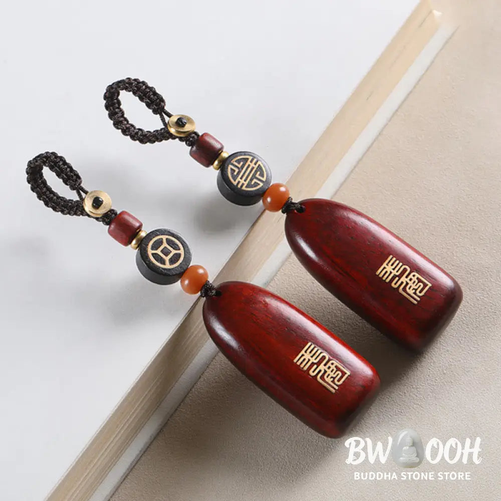 Buddha Stones Small Leaf Red Sandalwood Ebony Wood Peace Auspicious Copper Coin Protection Key Chain - Key Chain