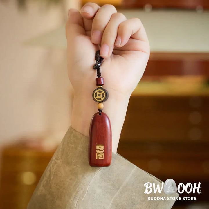 Buddha Stones Small Leaf Red Sandalwood Ebony Wood Peace Auspicious Copper Coin Protection Key Chain - Key Chain