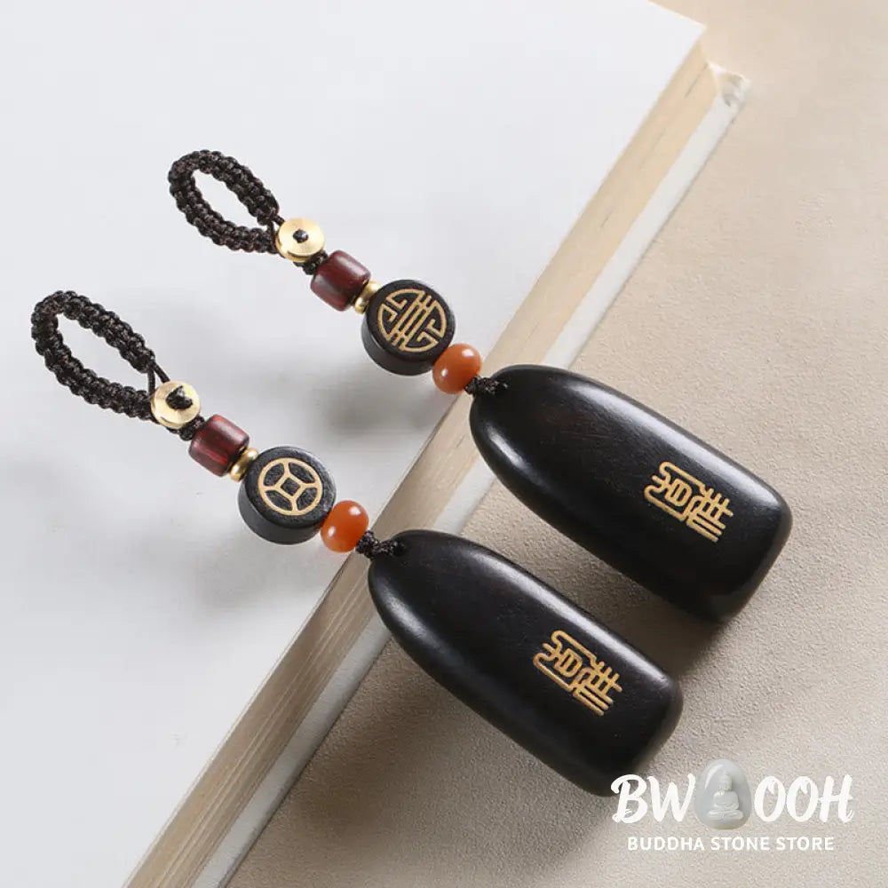 Buddha Stones Small Leaf Red Sandalwood Ebony Wood Peace Auspicious Copper Coin Protection Key Chain - Key Chain