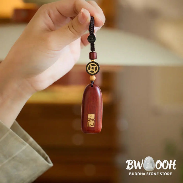 Buddha Stones Small Leaf Red Sandalwood Ebony Wood Peace Auspicious Copper Coin Protection Key Chain - Key Chain