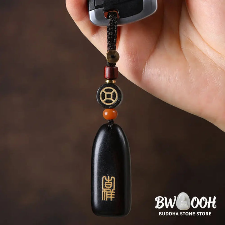 Buddha Stones Small Leaf Red Sandalwood Ebony Wood Peace Auspicious Copper Coin Protection Key Chain - Key Chain