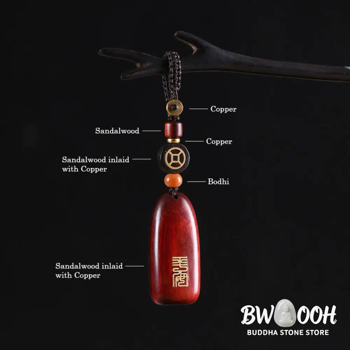 Buddha Stones Small Leaf Red Sandalwood Ebony Wood Peace Auspicious Copper Coin Protection Key Chain - Key Chain