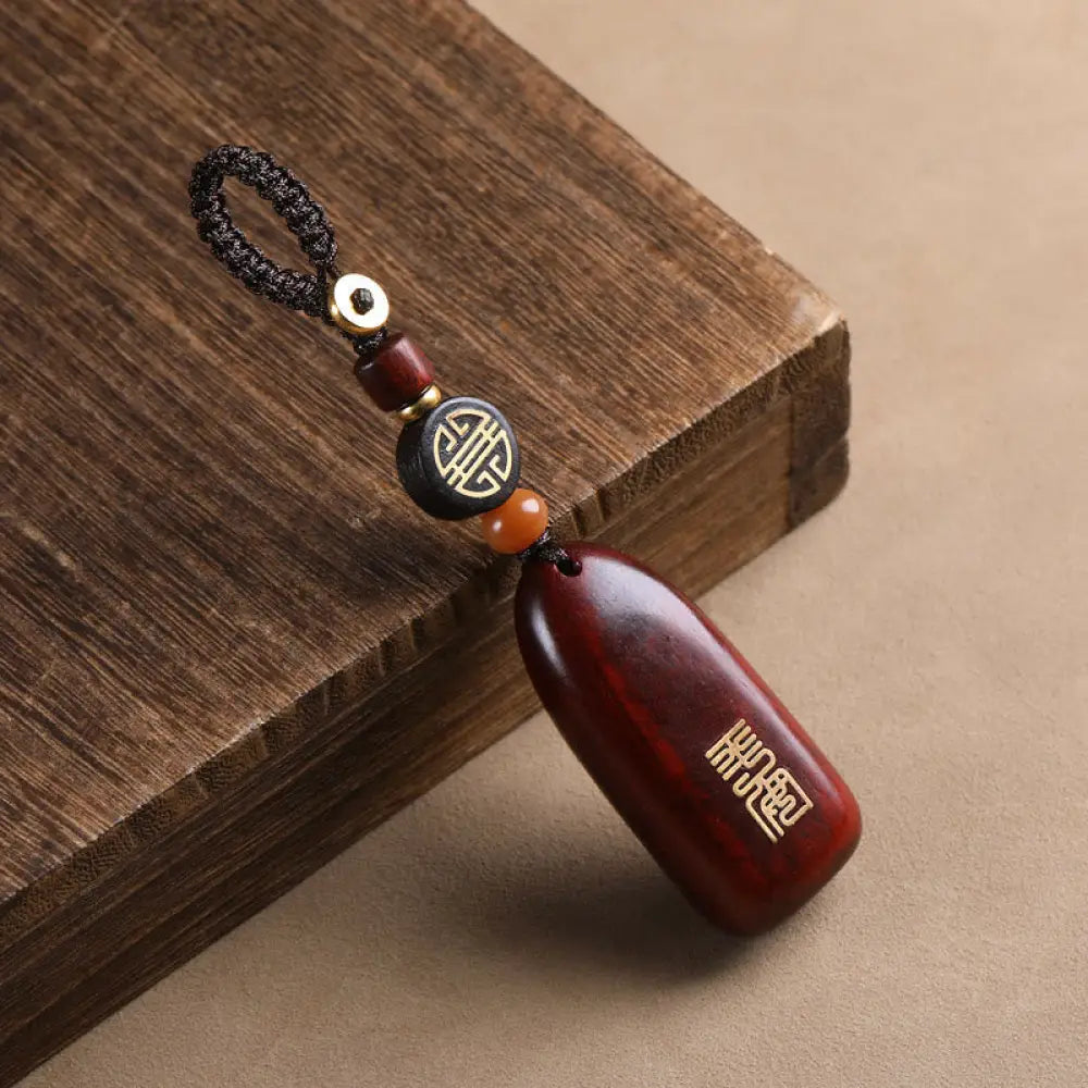 Buddha Stones Small Leaf Red Sandalwood Ebony Wood Peace Auspicious Copper Coin Protection Key Chain - Small Leaf Red