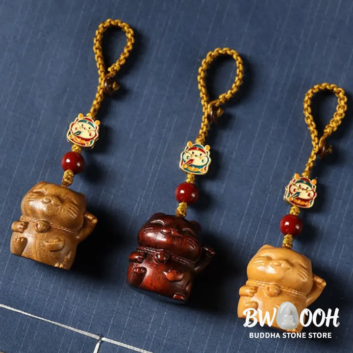 Buddha Stones Small Leaf Red Sandalwood Green Sandalwood Sandalwood Lucky Cat Protection Key Chain Phone Hanging