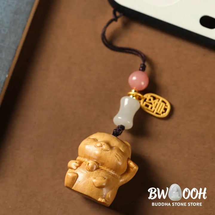 Buddha Stones Small Leaf Red Sandalwood Green Sandalwood Sandalwood Lucky Cat Protection Key Chain Phone Hanging