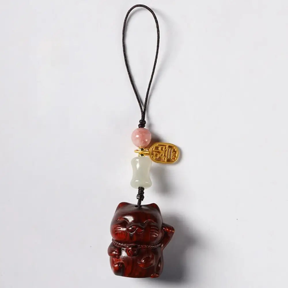 Buddha Stones Small Leaf Red Sandalwood Green Sandalwood Sandalwood Lucky Cat Protection Key Chain Phone Hanging