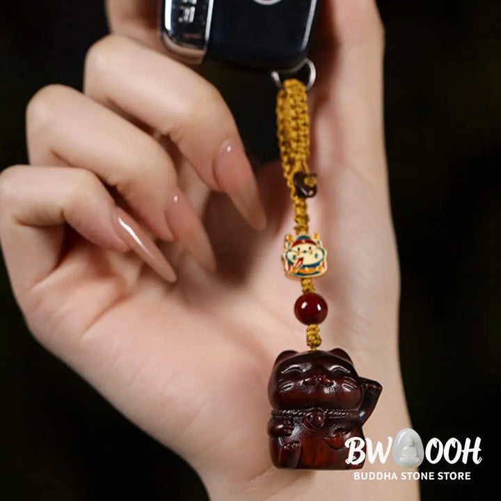 Buddha Stones Small Leaf Red Sandalwood Green Sandalwood Sandalwood Lucky Cat Protection Key Chain Phone Hanging