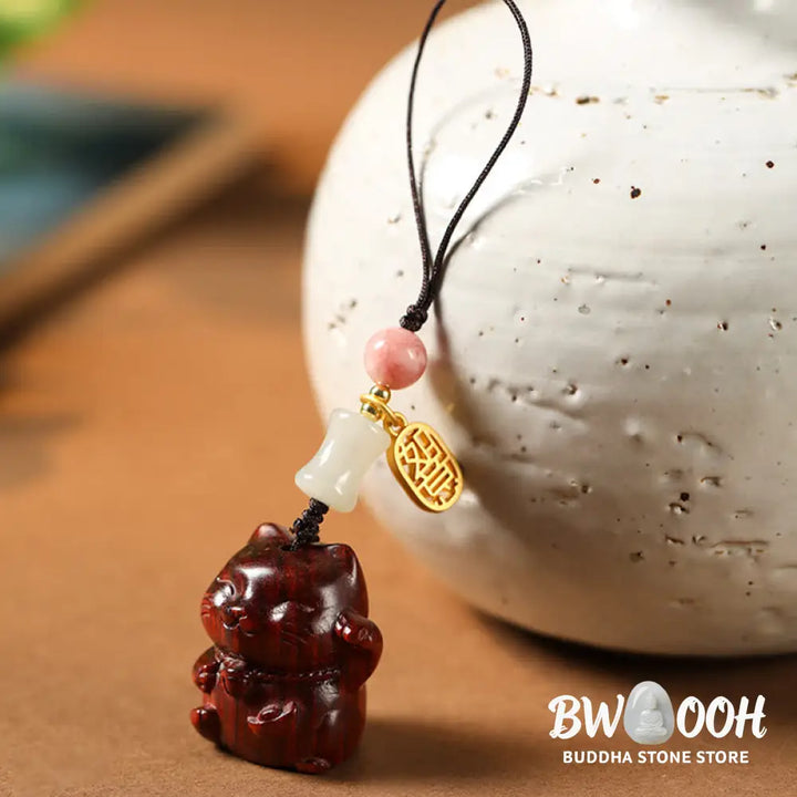 Buddha Stones Small Leaf Red Sandalwood Green Sandalwood Sandalwood Lucky Cat Protection Key Chain Phone Hanging