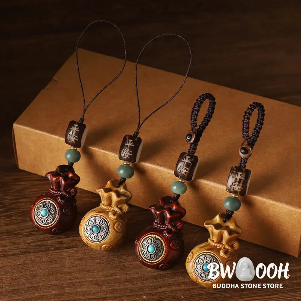 Buddha Stones Small Leaf Red Sandalwood Green Sandalwood Money Bag Om Mani Padme Hum Rotatable Protection Hanging