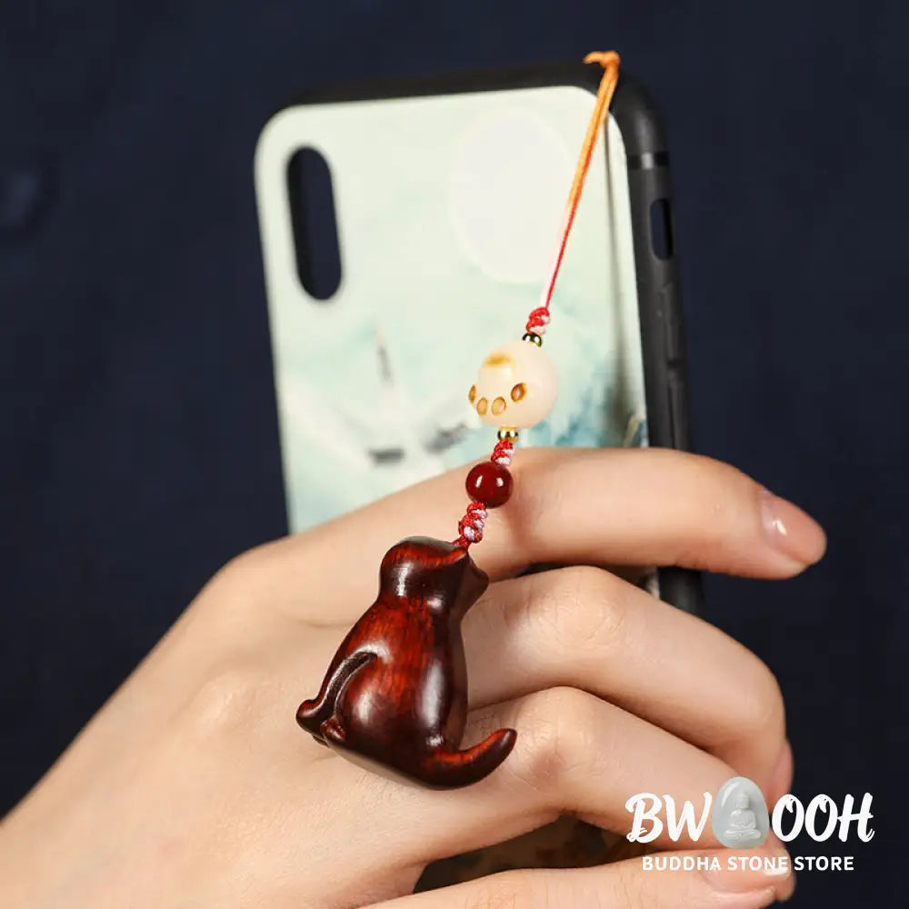 Buddha Stones Small Leaf Red Sandalwood Green Sandalwood Sandalwood Sitting Cat Sooth Phone Hanging Decoration - Phone