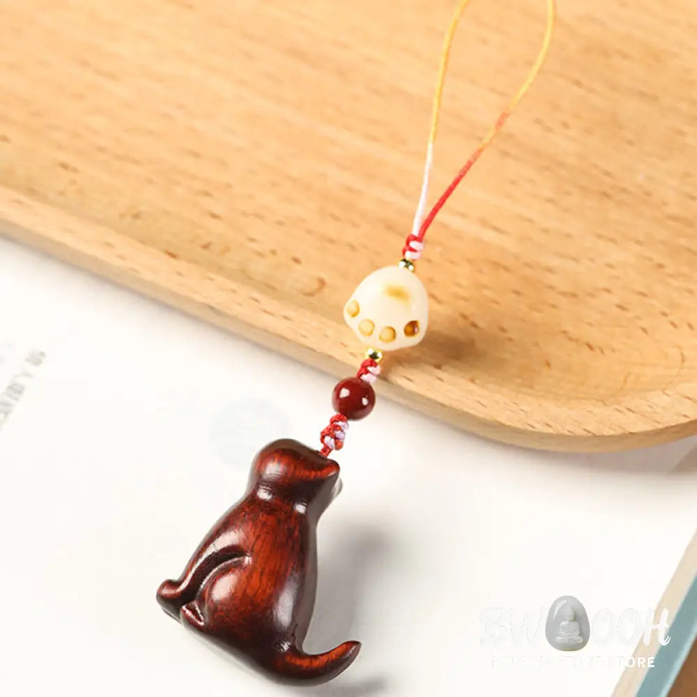 Buddha Stones Small Leaf Red Sandalwood Green Sandalwood Sandalwood Sitting Cat Sooth Phone Hanging Decoration - Phone