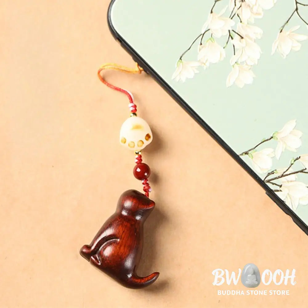 Buddha Stones Small Leaf Red Sandalwood Green Sandalwood Sandalwood Sitting Cat Sooth Phone Hanging Decoration - Phone
