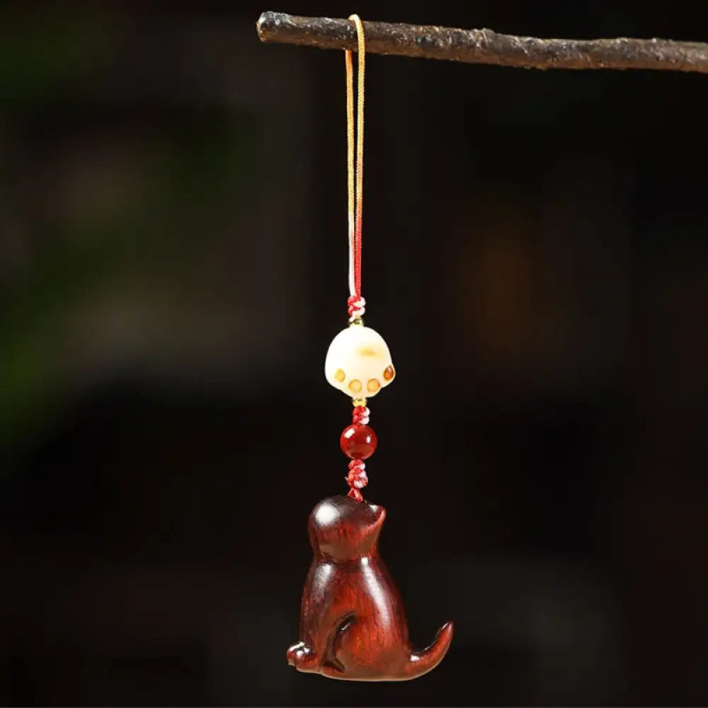 Buddha Stones Small Leaf Red Sandalwood Green Sandalwood Sandalwood Sitting Cat Sooth Phone Hanging Decoration - Small