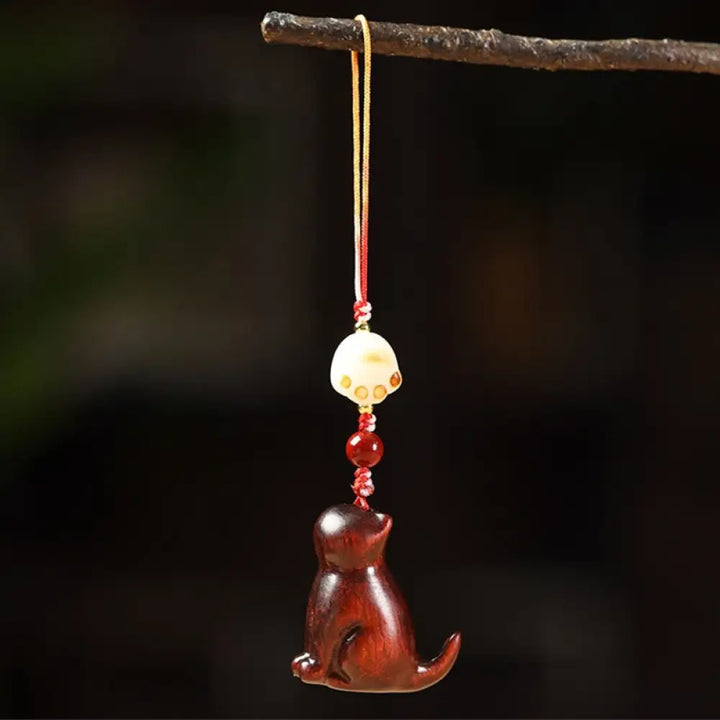 Buddha Stones Small Leaf Red Sandalwood Green Sandalwood Sandalwood Sitting Cat Sooth Phone Hanging Decoration - Small