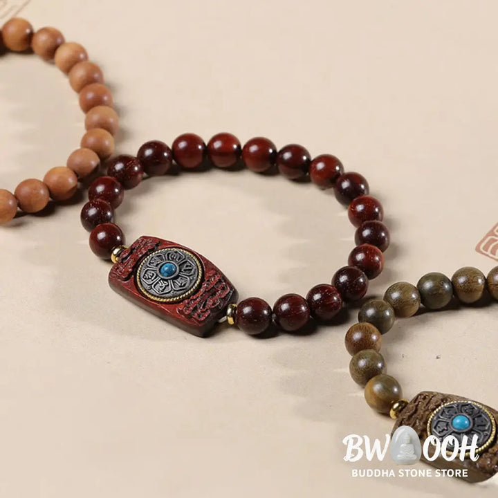 Buddha Stones Small Leaf Red Sandalwood Green Sandalwood Six True Words Peace Bracelet - BWOOOH - Bracelet