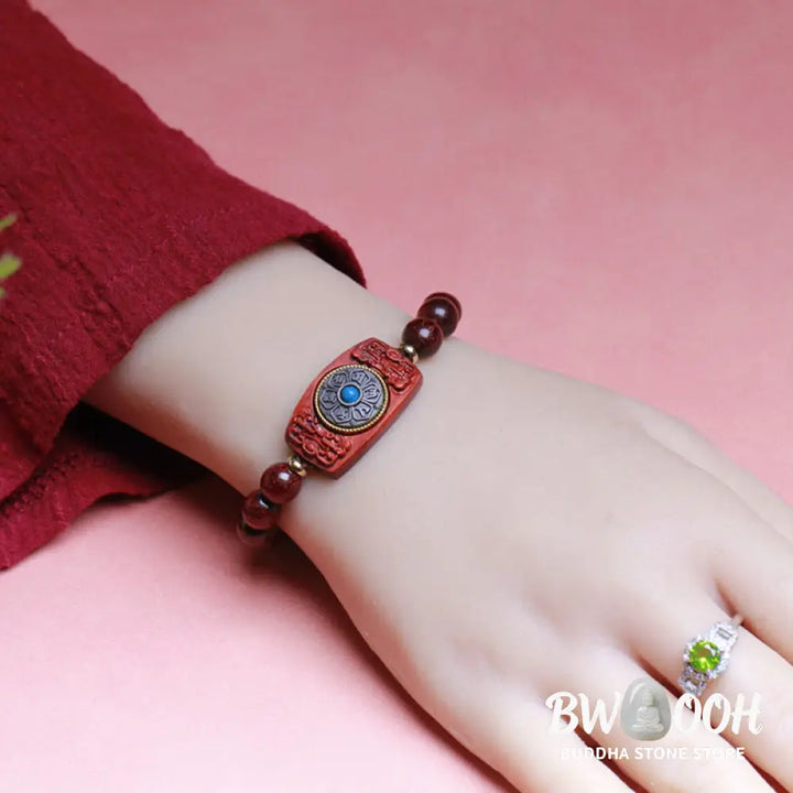 Buddha Stones Small Leaf Red Sandalwood Green Sandalwood Six True Words Peace Bracelet - BWOOOH - Bracelet