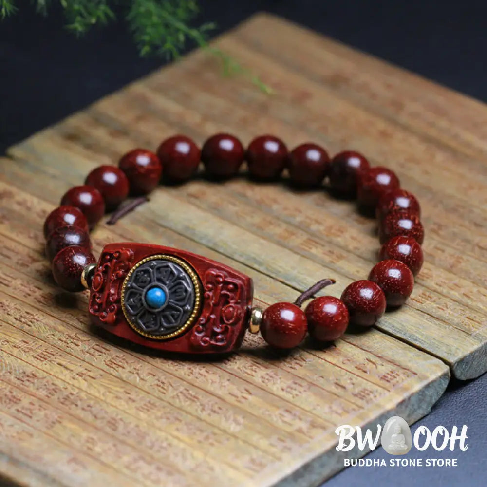 Buddha Stones Small Leaf Red Sandalwood Green Sandalwood Six True Words Peace Bracelet - BWOOOH - Bracelet