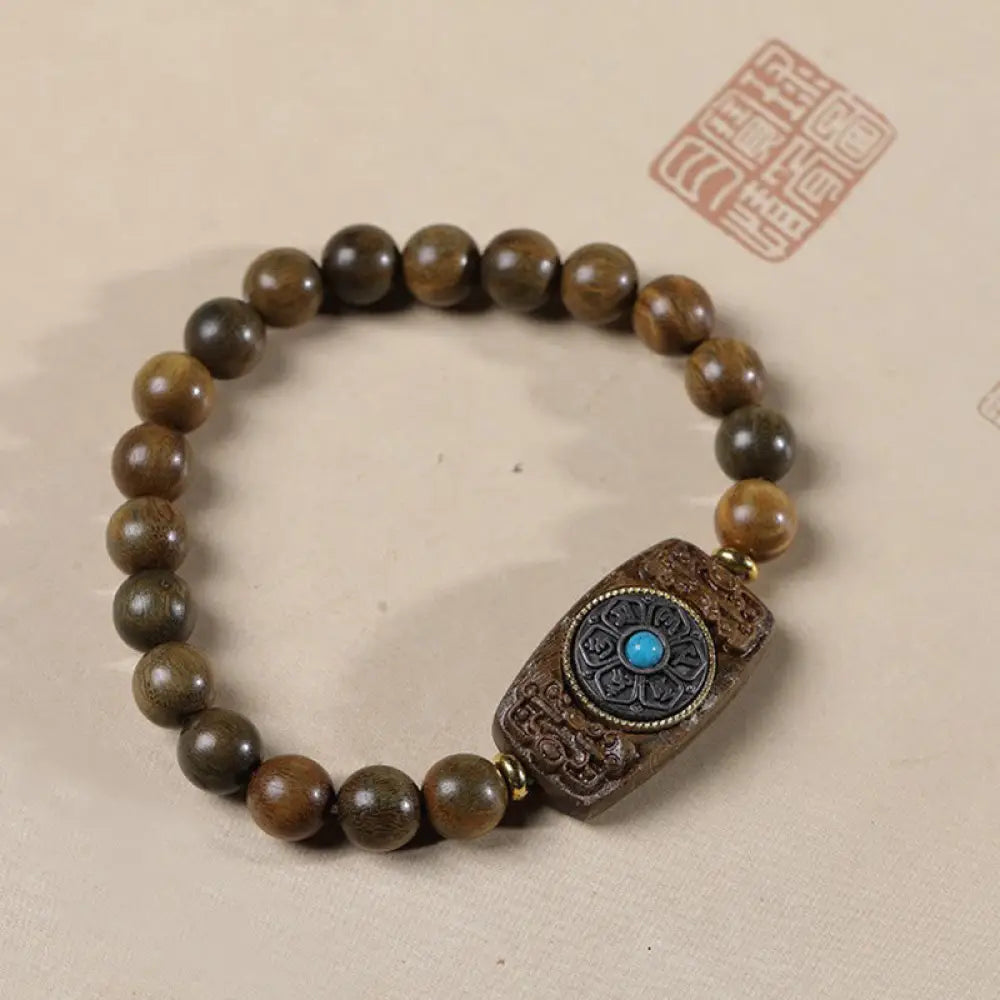 Buddha Stones Small Leaf Red Sandalwood Green Sandalwood Six True Words Peace Bracelet - BWOOOH - Green