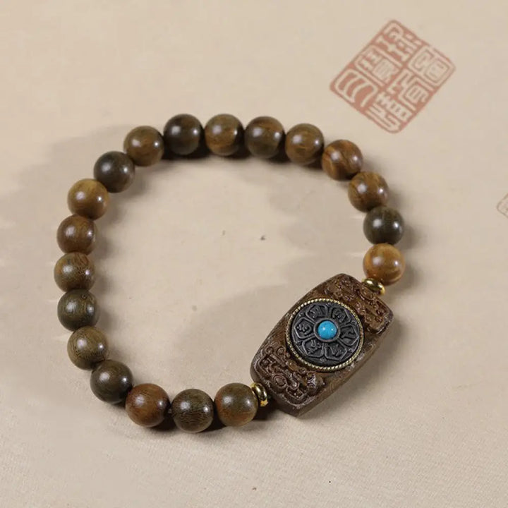 Buddha Stones Small Leaf Red Sandalwood Green Sandalwood Six True Words Peace Bracelet - BWOOOH - Green