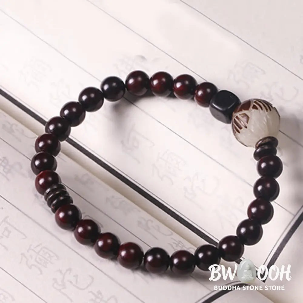 BWOOOH Small Leaf Red Sandalwood Lotus Bodhi Seed Carved Protection Double Wrap Bracele | spiritual healing bracelet