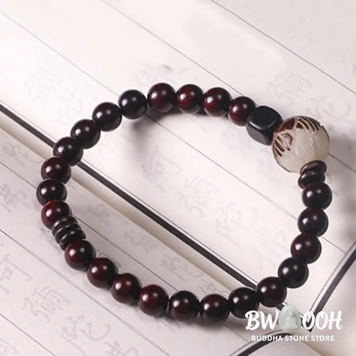 BWOOOH Small Leaf Red Sandalwood Lotus Bodhi Seed Carved Protection Double Wrap Bracele | spiritual healing bracelet