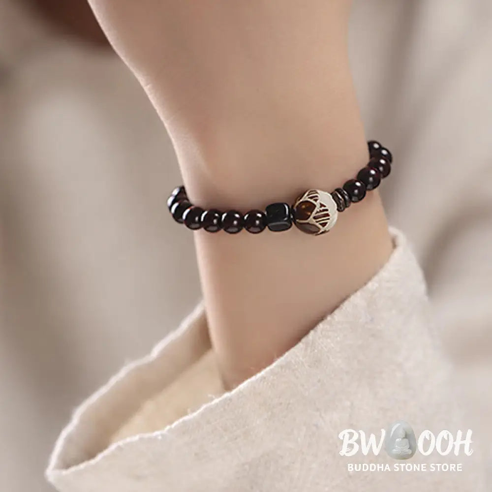 BWOOOH Small Leaf Red Sandalwood Lotus Bodhi Seed Carved Protection Double Wrap Bracele | spiritual healing bracelet
