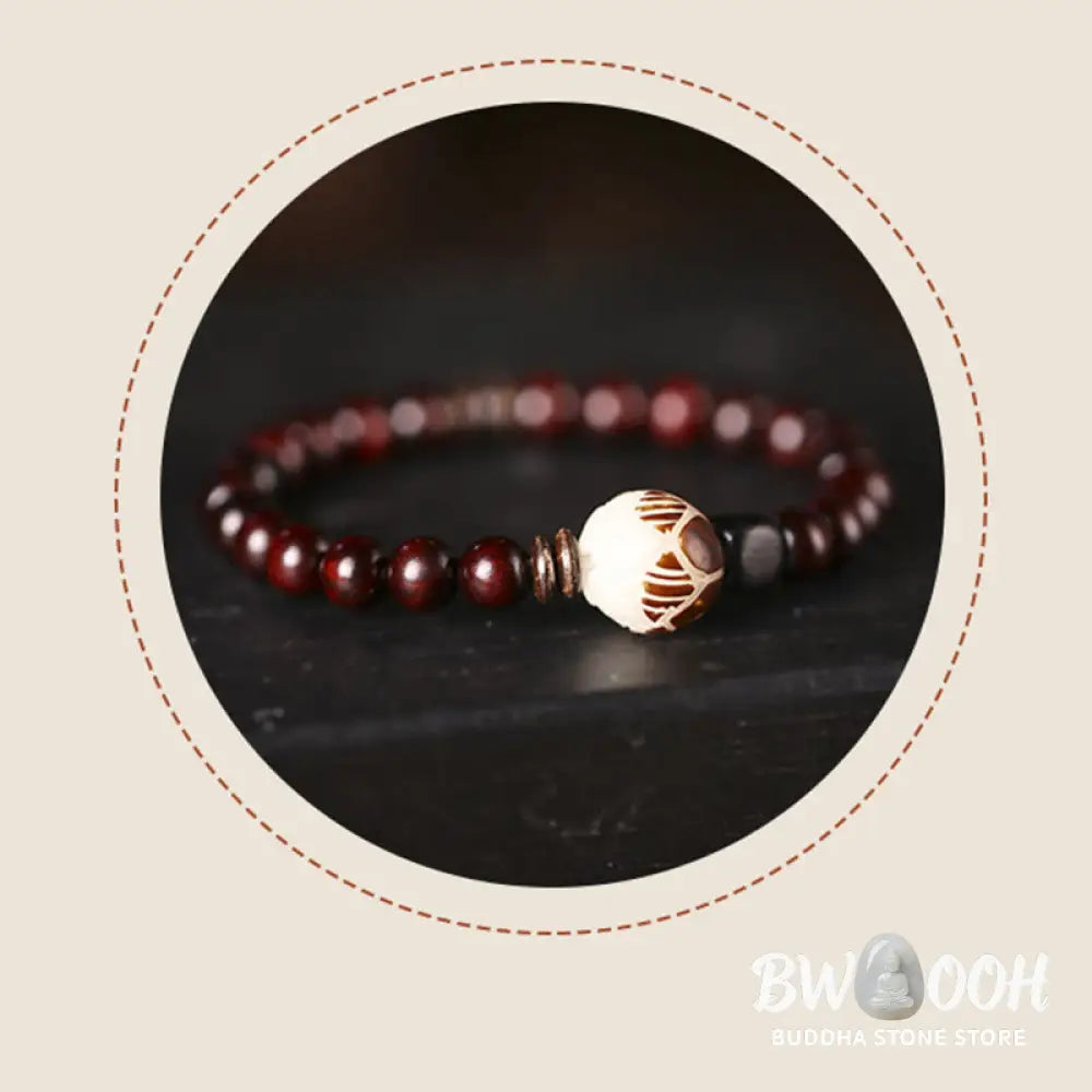 BWOOOH Small Leaf Red Sandalwood Lotus Bodhi Seed Carved Protection Double Wrap Bracele | spiritual healing bracelet